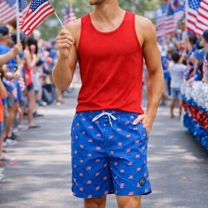 Brooklyn Cloth Kent Ave Volley Swim Trunk Blue Red American Flag L Lined Pockets